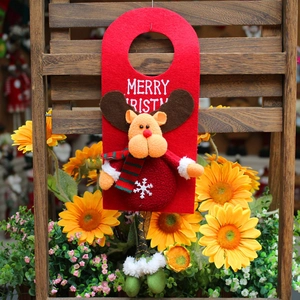Red felt Christmas door hanging decoration with plush reindeer and snowflake embroidery