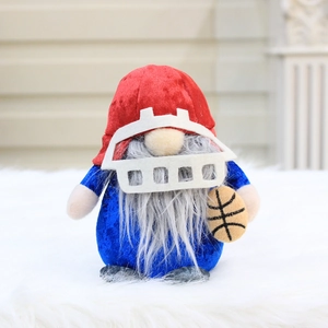 Gnome plush toy with American football helmet mask and basketball accessory for sports decor