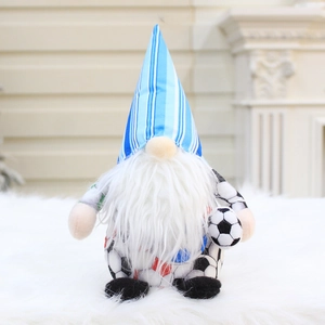 Soccer-themed gnome plush doll with blue striped hat and football pattern details