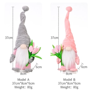 Detailed view of handmade tulip gnomes in pink and grey for spring home decoration