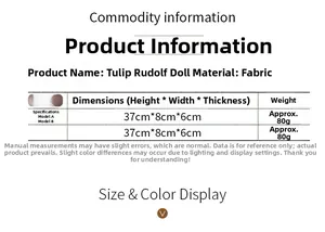 Size chart for Tulip Gnome dolls showing dimensions 37x8x6cm and fabric material details