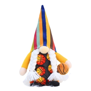 Basketball themed gnome plush with striped hat and basketball patterns on a white background