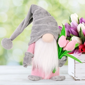 Pink tulip gnome plush doll with white beard for Mother's Day and home decoration