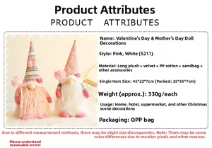 Detail showing plush Valentine Gnome Doll with rose flower and size dimensions 45x22x7cm