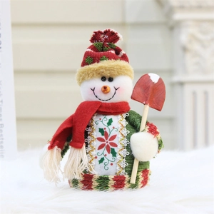 18cm plush Christmas snowman figure with red knitted hat, scarf and wooden shovel