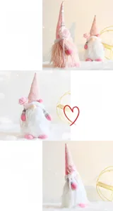 Detail of plush Valentine's Day gnomes with pink roses and soft faux fur texture