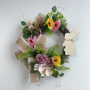 Easter Bunny Wreath Artificial Flower Vine Hanging Decoration With Burlap Bow For Spring Home Party Wall Wall Decor