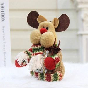 Detail of 18cm plush reindeer doll with knitted scarf and skis for Christmas decoration