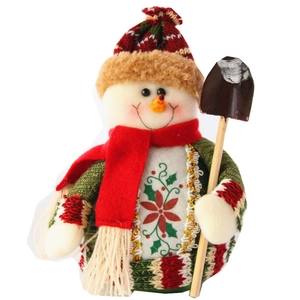 Christmas snowman plush doll with knitted hat and scarf holding a wooden shovel decor