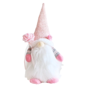 Pink Valentine's Day gnome doll with telescopic legs holding a romantic rose flower