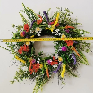 Colorful artificial flower wreath with mixed blooms and green foliage, 42cm diameter size