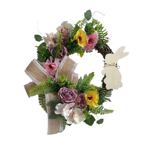 30cm Easter rabbit wreath with faux flowers, rustic vine base and burlap lace bow