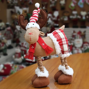 Standing 21cm Christmas elk plush doll with red striped hat and checkered skirt ornament