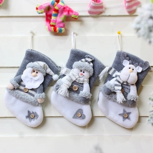 Set of 3 grey and white Christmas stockings with 3D Santa, Snowman and Reindeer dolls