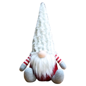 Festive Christmas gnome plush doll ornament with red and white striped arms on white background