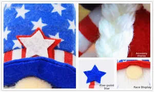 Detailed views of Fourth of July gnome showing fabric texture and patriotic star patterns