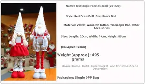 Detail showing dimensions of retractable Christmas gnome dolls in 85cm and 53cm heights