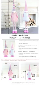 Detail of telescopic pink Christmas gnome doll with adjustable legs and plush wool material