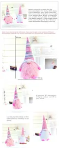 Close-up of pink and white Christmas gnome plush showing size details and knit fabric