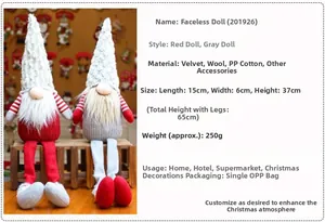 Detailed size chart for Christmas gnomes in red and grey showing 65cm total height