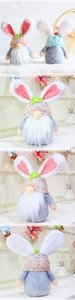 Detail of Easter gnomes with sequined hats, plush bunny ears, and long white beards