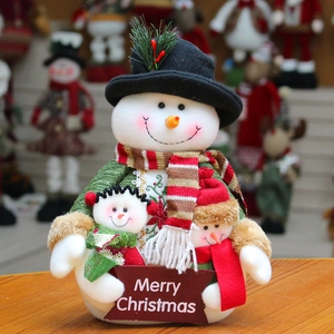 Cute 25cm Christmas snowman family plush figure with hat and striped scarf