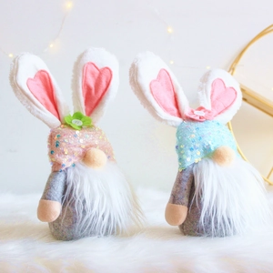 Set of two 27cm Easter rabbit gnomes with sequins hats and plush ears for home decor