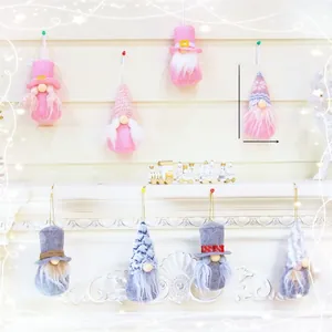 Set of 8 pink and grey faceless Christmas gnomes plush hanging decorations with hats