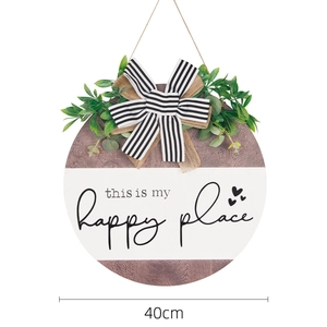 40cm round wooden welcome sign with My Happy Place lettering and burlap bow ornament