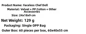 Specifications of gnome chef doll made of soft plush and PP cotton, size 24x18x9cm