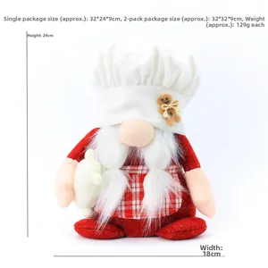 Chef gnome plush ornament with white hat and red checkered apron, height 24cm and width 18cm