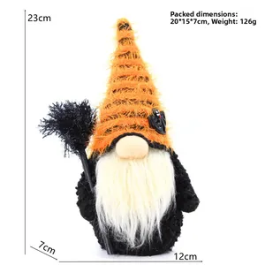 Detail view of a Halloween gnome with a striped hat and broom, dimensions 23x12cm