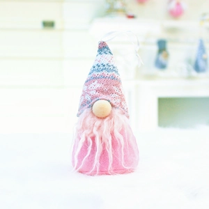 Pink and grey knitted Christmas gnome plush ornament with snowflake hat and hanging string