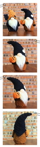Detail of Halloween gnome dolls featuring sequined hats and striped patterns with brooms