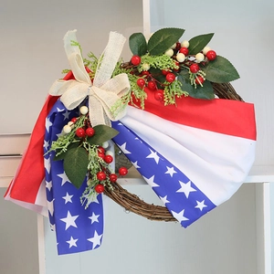 Patriotic USA Independence Day wreath with burlap bow and red white blue stars and stripes