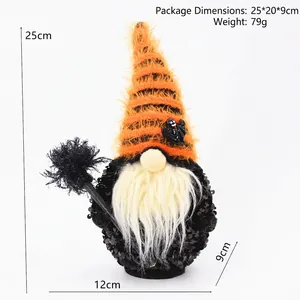 Halloween gnome plush with striped hat and broom, size 25x12x9cm, holiday decoration