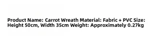 Detailed specifications for Easter carrot wreath made of fabric and PVC sized 50x35cm