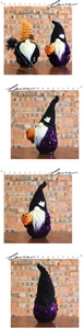 Detail view of sequined Halloween gnome plush with stripe hat, broom and pumpkin