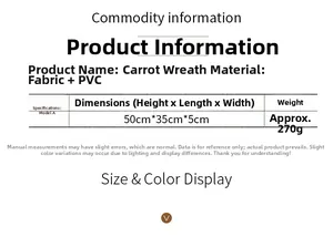 Size chart for 50cm Easter carrot wreath showing cloth and PVC material specifications