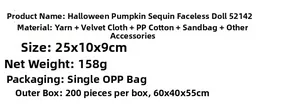 Detailed specifications of Halloween sequin faceless gnome with size and material info