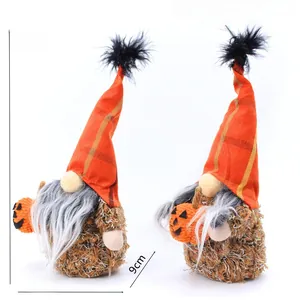 Detail showing two Halloween gnomes with orange plaid hats holding mini pumpkins