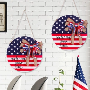 Lot de deux plaques de porte USA 30cm avec nœuds en toile et texte de bienvenue