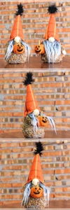 Detail view of plush Halloween gnomes with plaid hats and mini pumpkin accents
