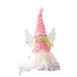 Pendentif ange de Noël en tricot rose et blanc avec jupe en plumes et ailes de fée