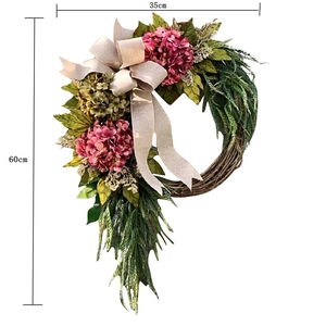 Künstlicher Landhauskranz mit rosa Hortensien und Leinenschleife, 60cm Länge