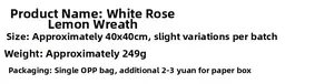 Detailed specifications for white rose lemon wreath including 40x40cm size and weight info