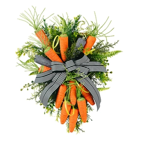 50cm Easter carrot door wreath with green foliage and black white striped ribbon bow