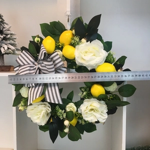 Artificial yellow lemon and rose wreath with black and white striped bow, 40cm diameter