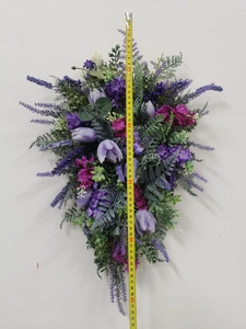 Detail view of purple tulip and lavender wreath measuring approximately 54cm long
