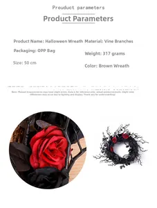 Detail of 50cm Halloween wreath featuring black twigs and realistic artificial roses
